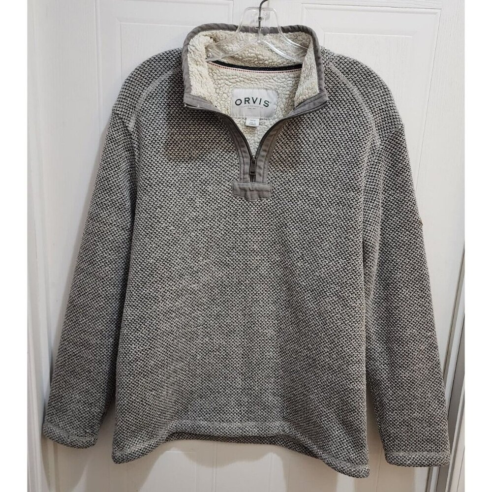 ORVIS Mens 1/4 Zip Pullover Fleece Sherpa Lined Sweater Jacket Gray Knit Size S